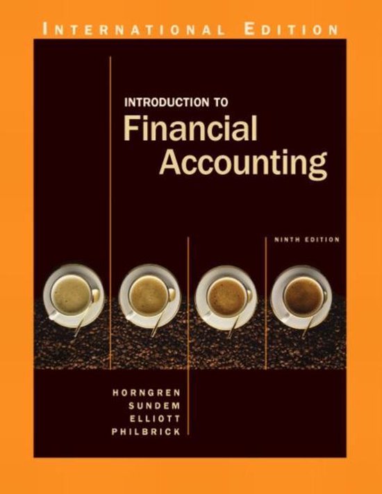 Boek met de titel 'Introduction to Financial Accounting' International Edition, negende editie. Vier kopjes koffie op een achtergrond van koffiebonen.