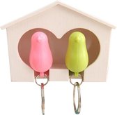 Ditto – Vogelhuis met 2 Vogel Sleutelhangers Roze - Groen / Samenwonen Cadeau / Muurdecoratie