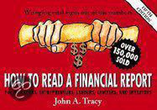 Boekomslag 'How to Read a Financial Report' met handen die een gouden rol vasthouden, dollartekens en 'Over 150.000 verkocht'.