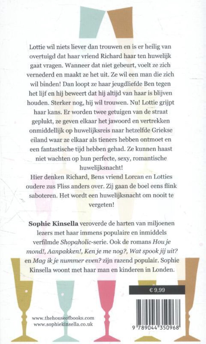 Achterflap van het boek 'Ik krijg je wel' met tekst over het verhaal en de auteur, en illustraties van champagneglazen. Prijs € 9,99.