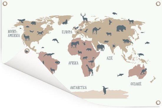Carte du monde simple avec des animaux aux couleurs flexa Poster de jardin 180x120 cm XXL / Groot format!