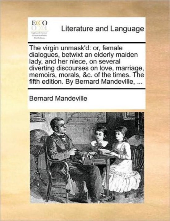 Livre "The virgin unmask'd" avec une illustration d'un homme et deux enfants à une table.