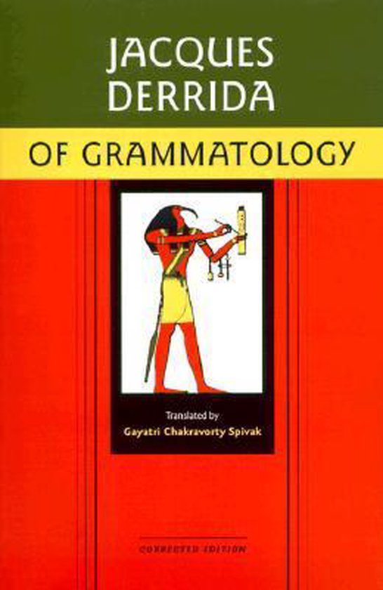 Livre 'Of Grammatology' par Jacques Derrida, avec une illustration d'un dieu égyptien.