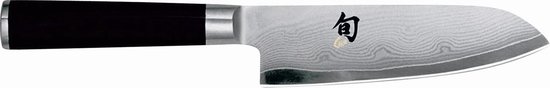 Shun Classic santokumes met damaststalen lemmet met Japanse tekens en een zwart handvat.