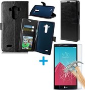 LG G4 Stylus Portemonnee hoes zwart met Tempered Glas Screen protector