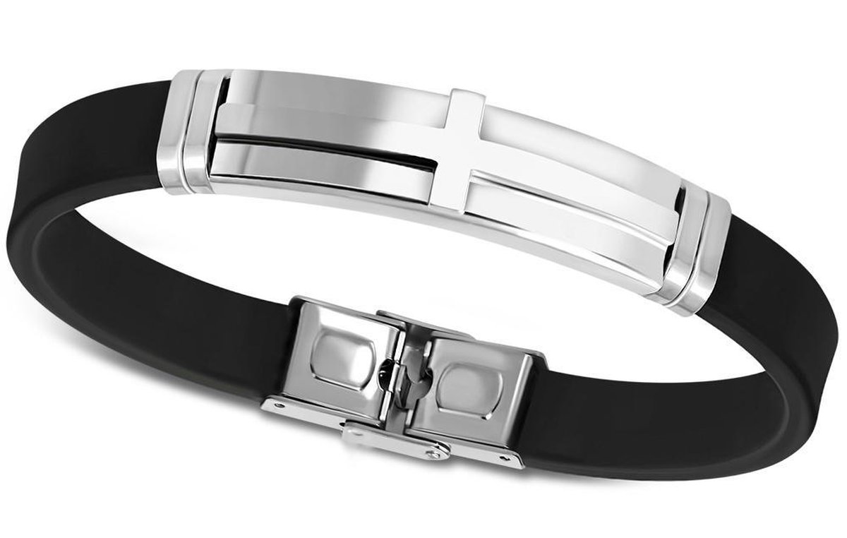 Amanto Armband Abhi - 316L Staal - Rubber - Kruis - 13mm - 21cm