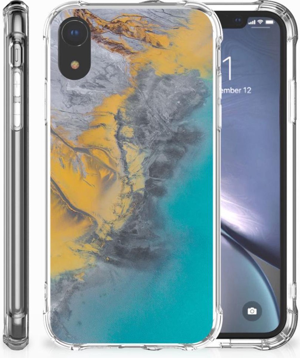 Apple iPhone Xr Anti-Shock Hoesje Marble Blue Gold