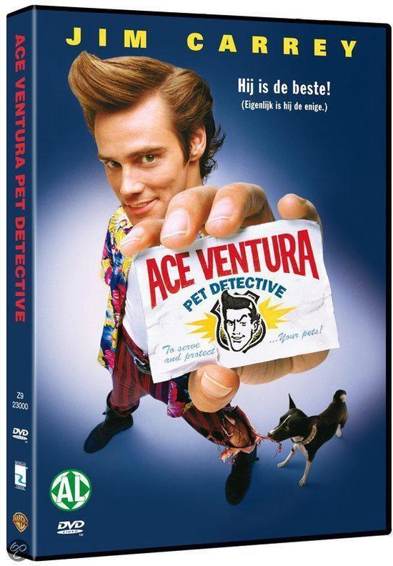 Jim Carrey met een panterprint vest, die een "Ace Ventura Pet Detective" kaart met een hond toont. DVD-hoes.