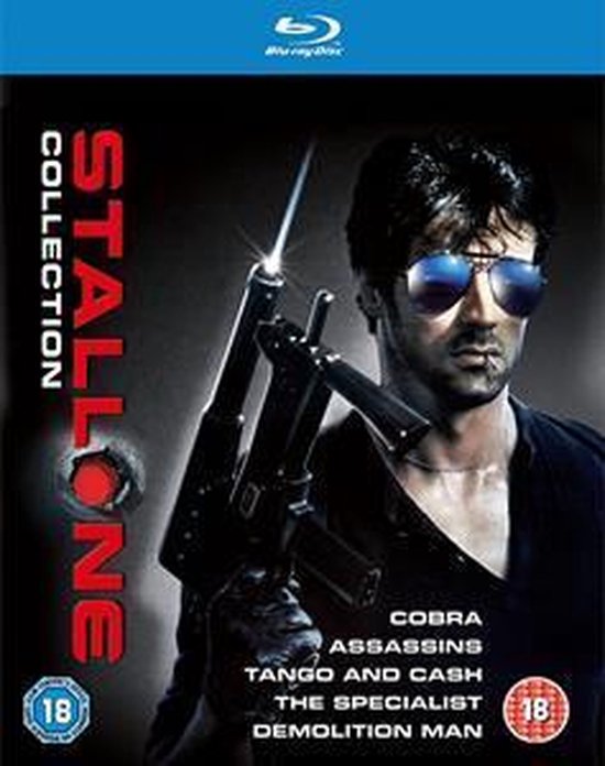 Blu-ray box met Sylvester Stallone met machinepistool. Titels: Cobra, Assassins, Tango & Cash, The Specialist, Demolition Man.