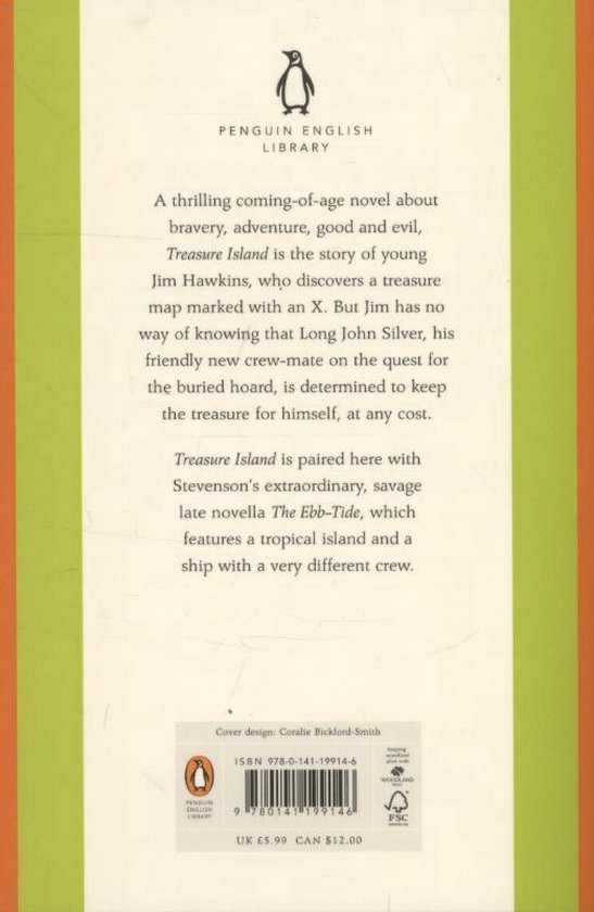 Achterkant van het boek 'Treasure Island and The Ebb-Tide'. De tekst is een samenvatting van het verhaal in het Engels.