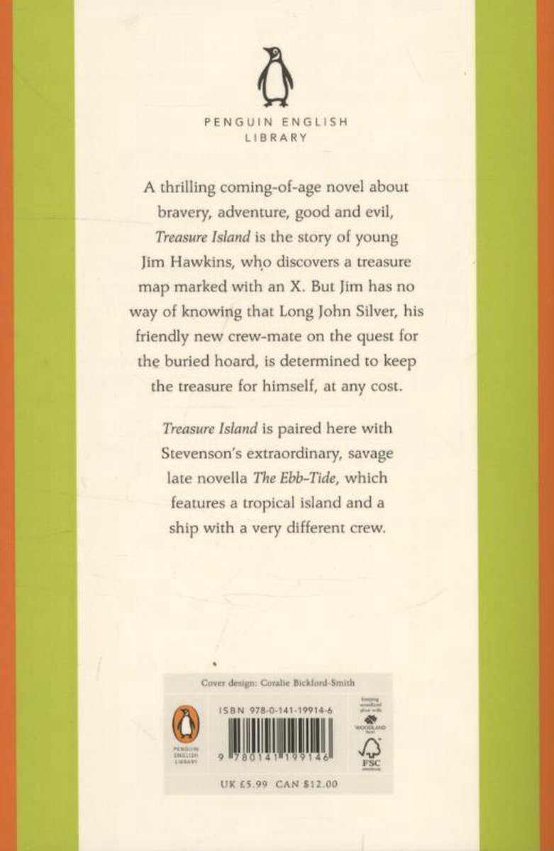 Achterkant van het boek 'Treasure Island and The Ebb-Tide'. De tekst is een samenvatting van het verhaal in het Engels.
