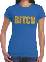 Bitch gouden glitter tekst t-shirt blauw dames - dames shirt Bitch L