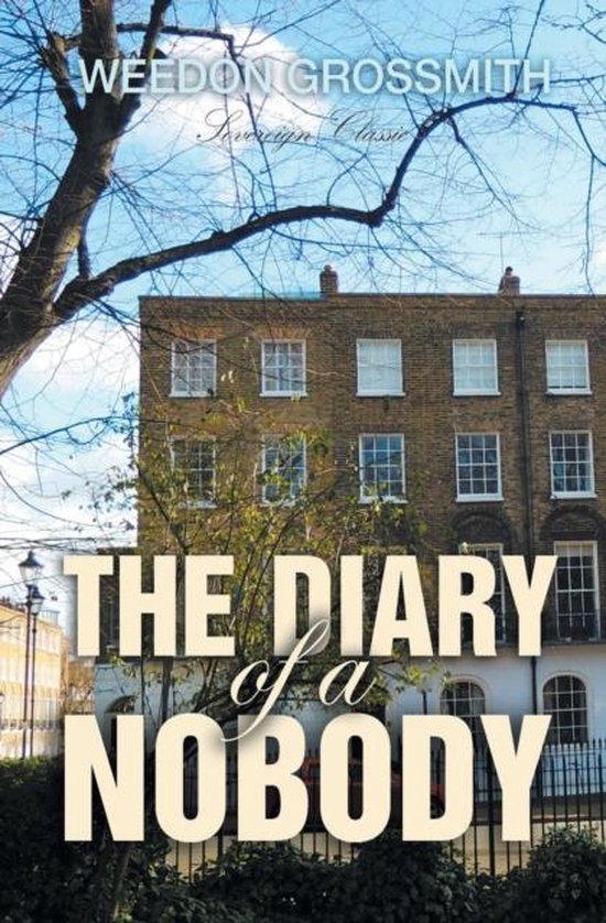 Boek "The Diary of a Nobody" van Weedon Grossmith met een bruine bakstenen gevel op de achtergrond.