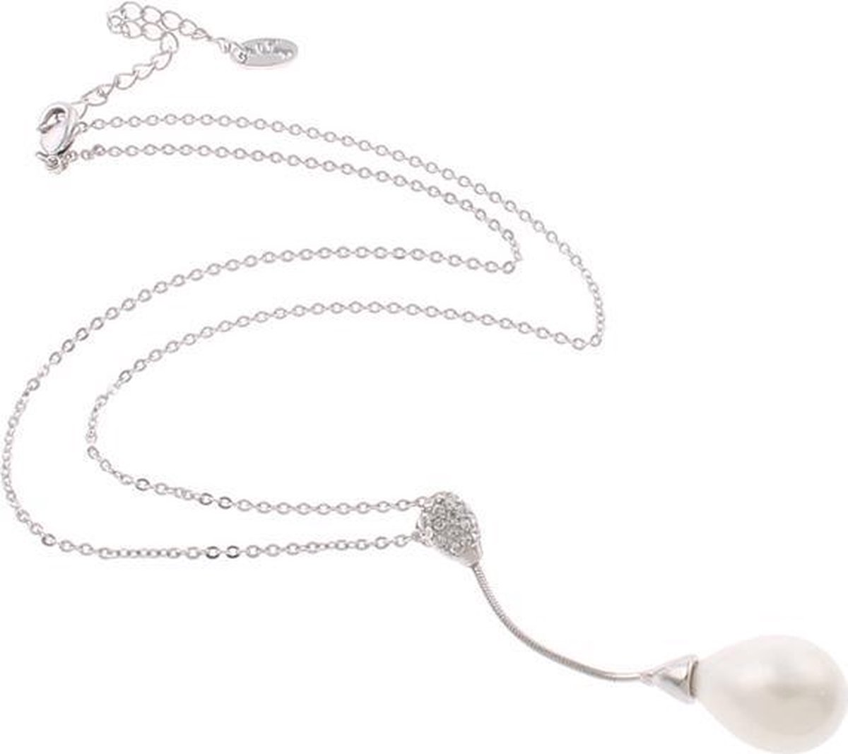 Mother of Pearl parelketting White Dangling Pearl - wit - zilver - stras steentjes - ketting met hanger