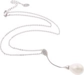 Mother of Pearl parelketting White Dangling Pearl - wit - zilver - stras steentjes - ketting met hanger