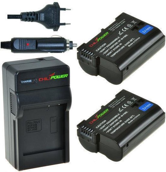 ChiliPower 2 x EN-EL15 batterijen voor Nikon - inclusief oplader en autolader