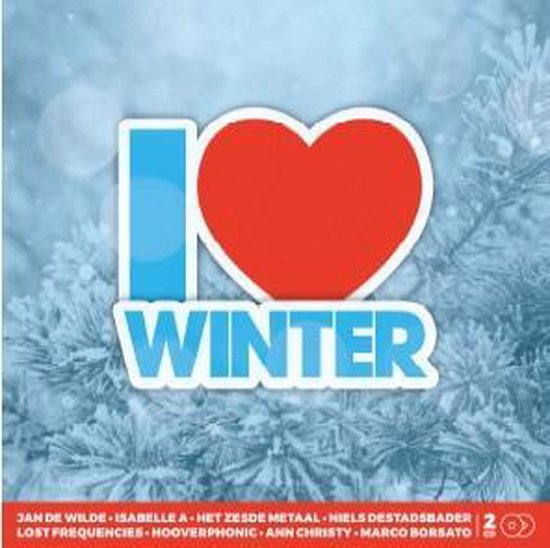 CD hoes met tekst 'I Love Winter' en rode hart. Winterse achtergrond met takken.