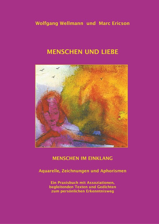 Boek 'Menschen und Liebe' met aquarel van een gezicht en abstracte vormen in oranje en geel.