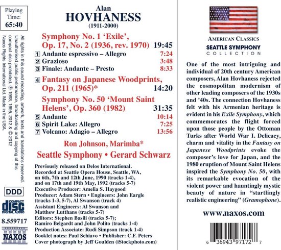 CD-hoes met tracklijst en beschrijving van Alan Hovhaness' symfonieën 1 en 50, uitgevoerd door Seattle Symphony.