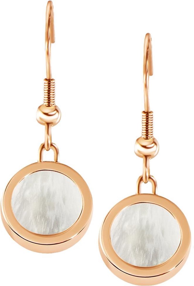 Quiges RVS Schroefsysteem Oorhangers Oorbellen Rosékleurig met Verwisselbare Beige Schelp Mini Munt Set - ECOS006
