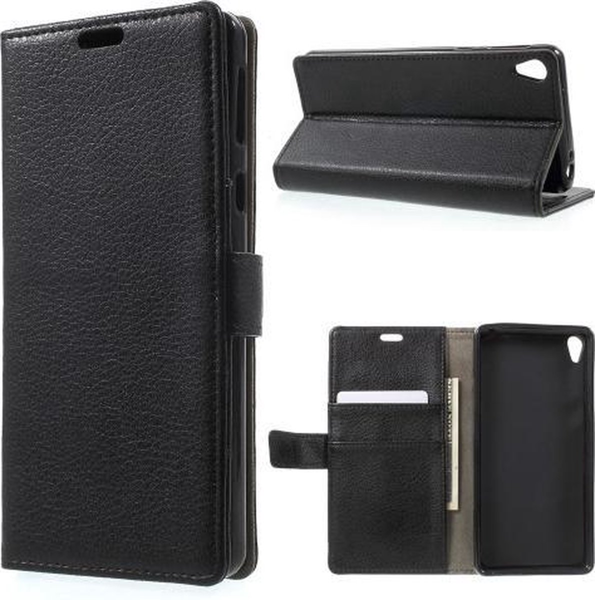 Litchi cover zwart wallet case hoesje Sony Xperia E5