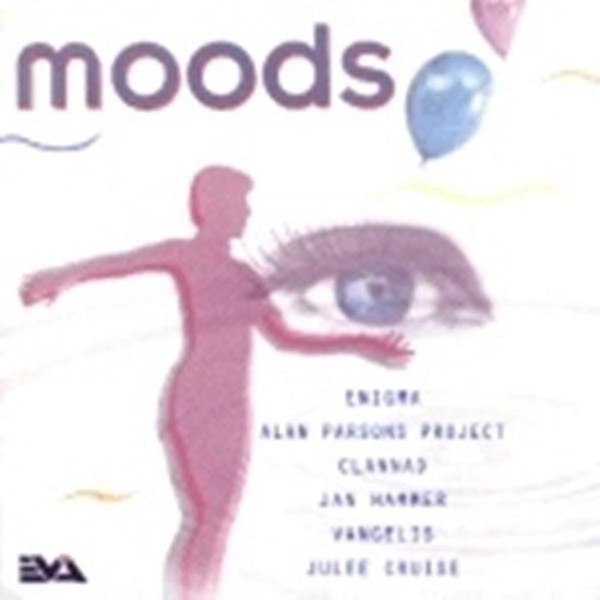 CD hoes met de tekst 'moods', een gestileerde vrouw, een oog en ballonnen.