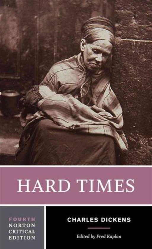 Boekcover met een foto van een vrouw met een baby, en de titel "HARD TIMES" door Charles Dickens.
