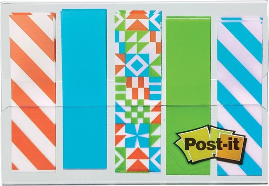 Index Post-it®, ensemble portable, motif Geos, 12 x 43 mm, 20 onglets / couleur, 5 couleurs / distributeur