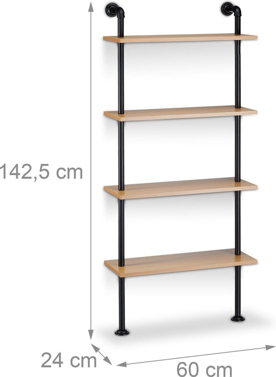 Relaxdays 2x boekenplank industrieel - keukenrek retro - wandrek - hangend  rek - 4 planken | bol.com