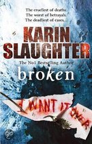 Boek "Broken" van Karin Slaughter. Met de tekst "I WANT IT OVER" op gescheurd papier.