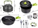 Afmetingen van een kampeerservies set met waterkoker, pan, koekenpan, mok, bestek en karabijnhaak.