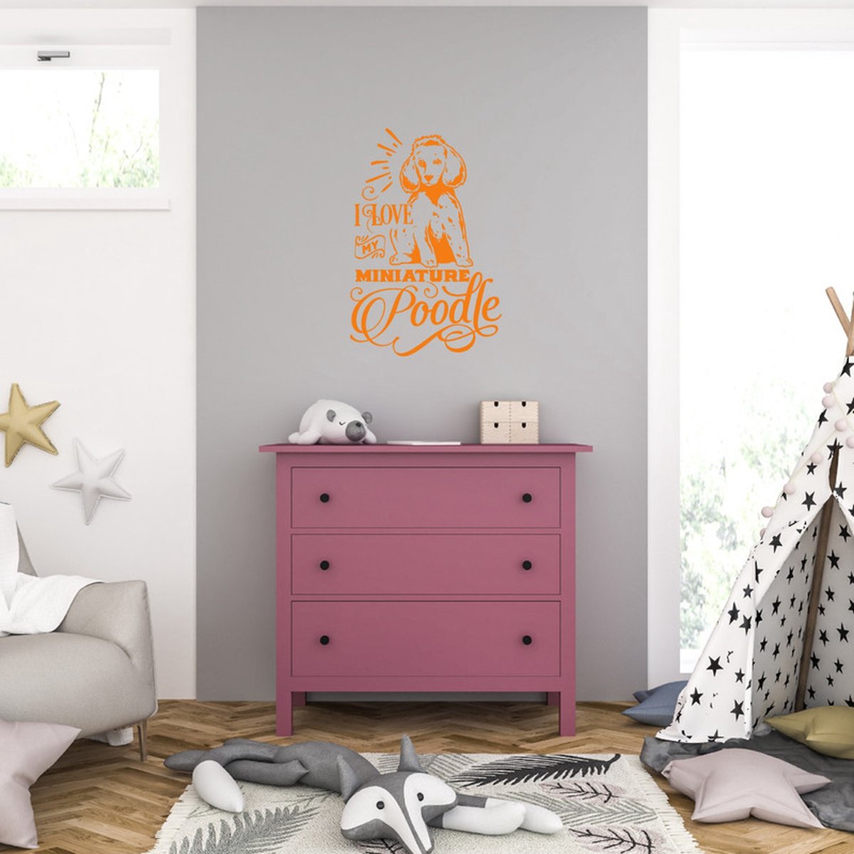 MC Living Muursticker - I Love My Miniature Poddle - 40,6 x 59,5 - Oranje