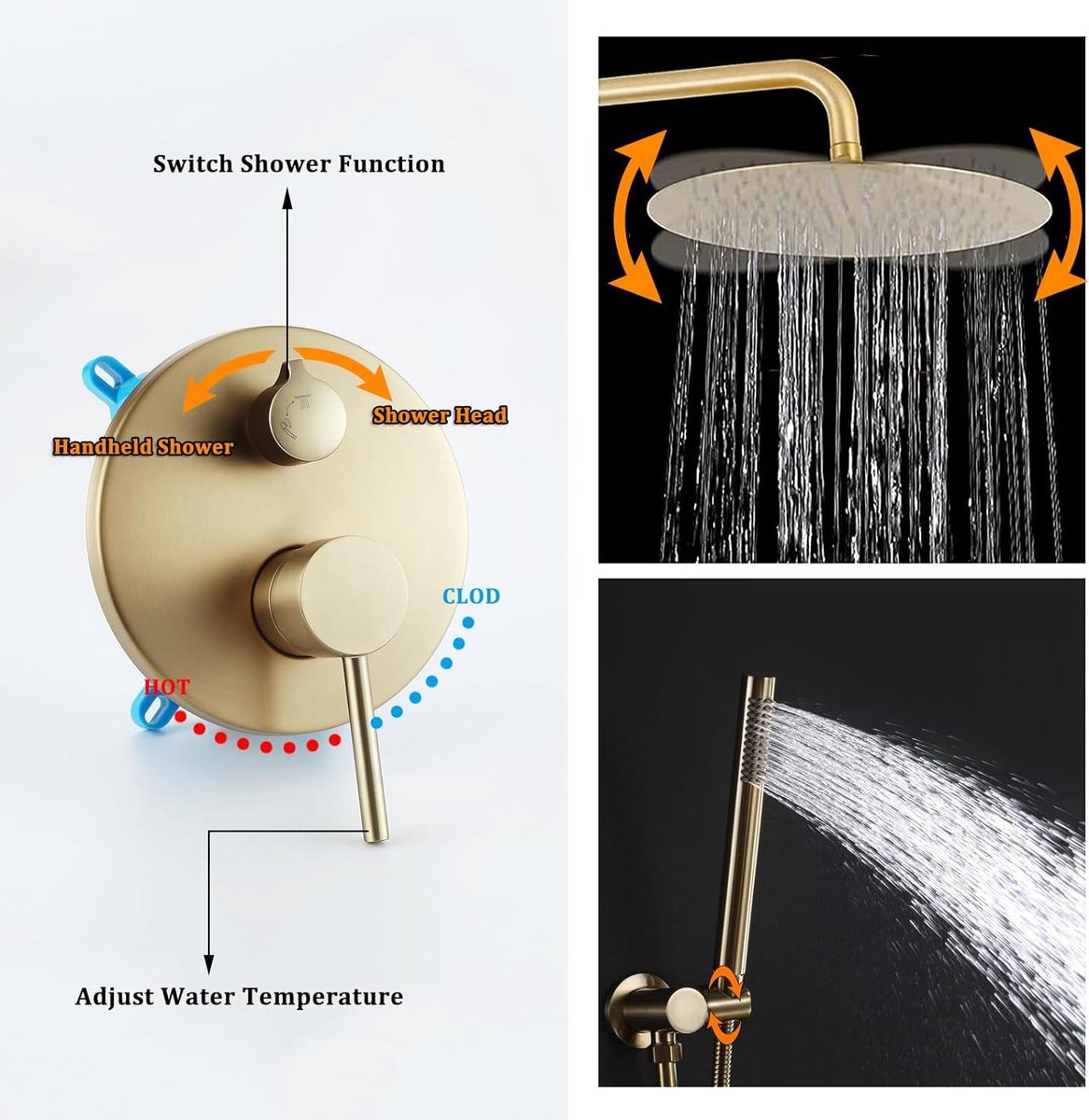 Geborsteld gouden doucheset, messing rond douchekopsysteem met badkraan, 2 functies regenval wandmontage douchekraanset, 25 cm (maat: 8 inch