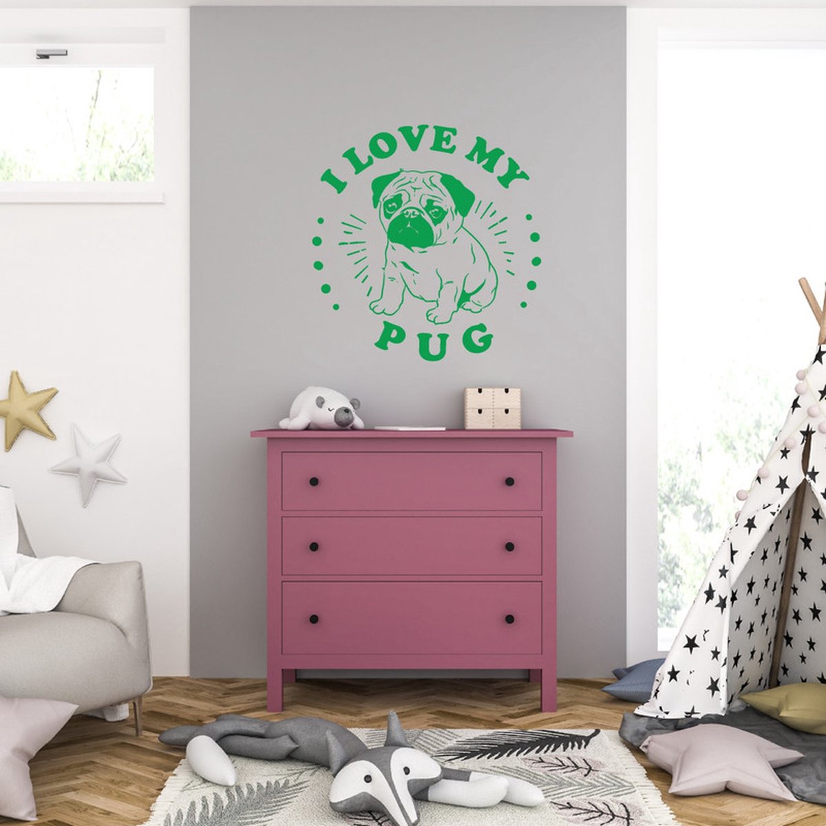 MC Living Muursticker - I Love My Pug - 40,6 x 42 - Groen