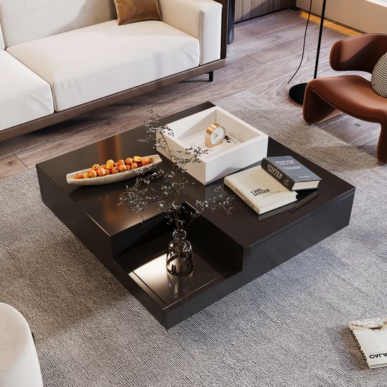 Hoogglans vierkante salontafel met 2 laden - Spaanplaat - Kleur wit
