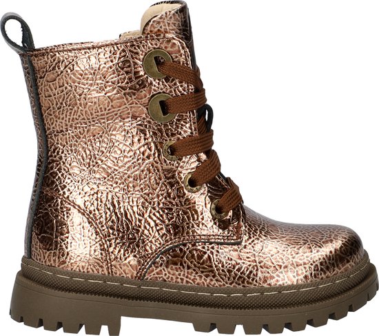 Bronzen veterlaars met crocoprint en rits aan de zijkant.