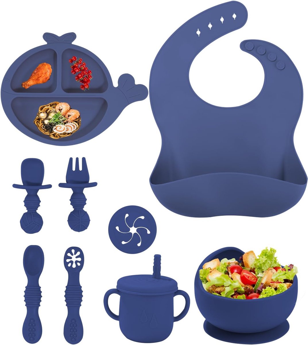 Goedkoopste 10-delig serviesgoed, Whales kinderserviesbord, siliconen bord baby, BPA-vrij babyserviesje met leerlepel baby, antislipkom, eetbord, slabbetje, 2-in-1 drinkbeker
