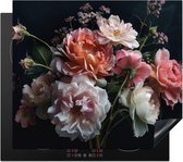 Afdekplaat voor fornuis, eendelig, keuken, afdekplaten voor fornuis, afdekking, inductiekookplaat, keramische plaat, oprolbare mat bloemen, rozen, wit, roze, botanisch, planten, 60 x 52