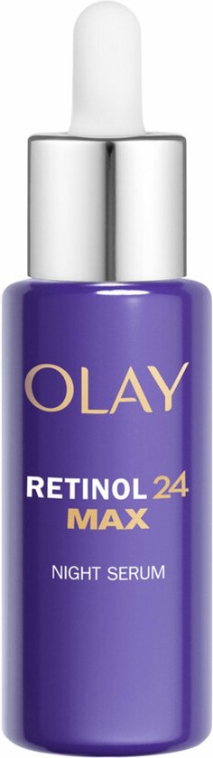 Olay Retinol 24 Max Night Serum in een paarse fles met zilveren pipet.