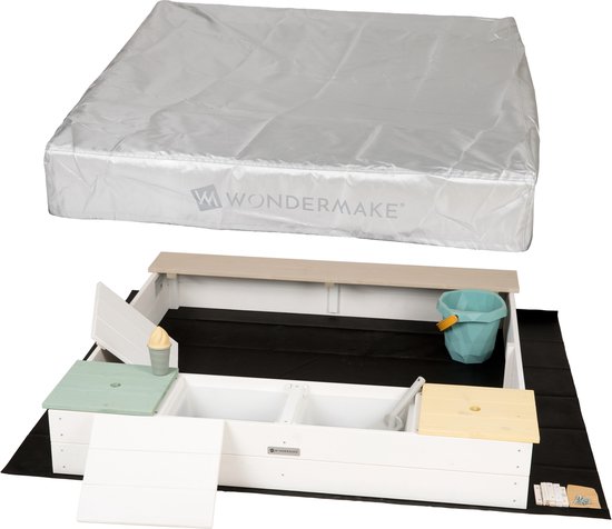 WONDERMAKE® Design Sandkasten Mit Matschküche, Abdeckung OXFORD 420D Vliesfolie Sandkiste Holz Quadratisch Verschliessbar Outdoor Garten Fuer Kinder Weiss Bunt
