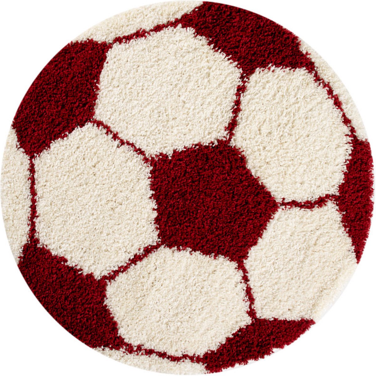 Fun Voetbal Kinderkamer Rond Vloerkleed Hoogpolig Rood Wit- 120 CM Ø