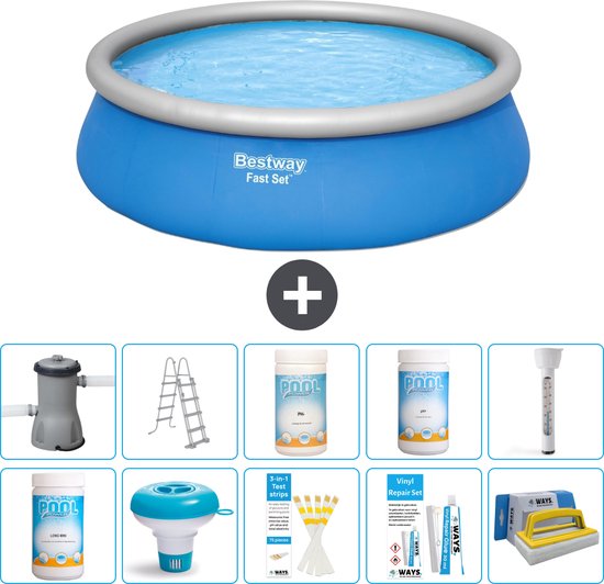 Piscine Opblaasbaar ronde Bestway à Set Fast - 457 x 122 cm - Blauw - Pompe incluse - Ladder de Chlore - Flotteur de chlore - Bandelettes de test - Kit de réparation - Brosse de PH- PH
