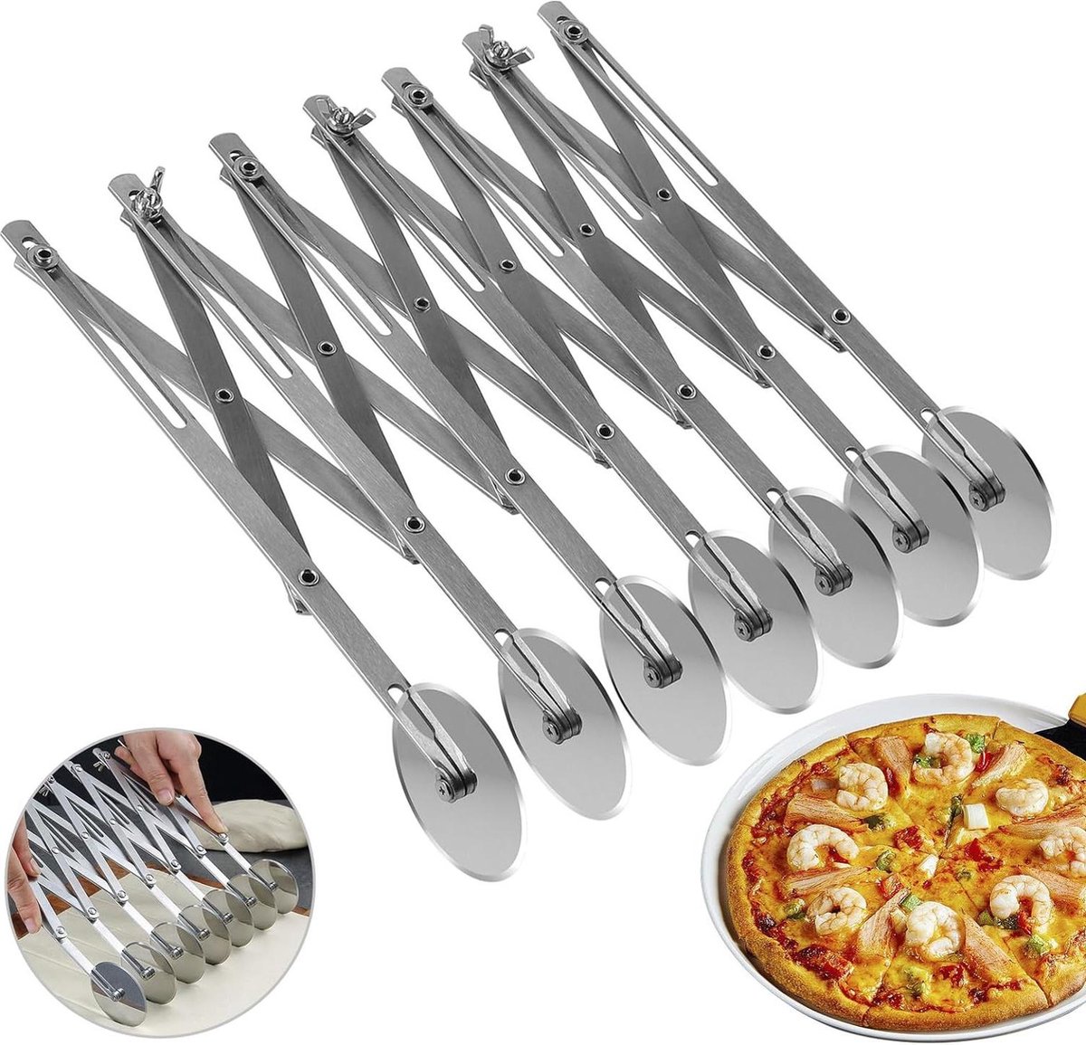 Verstelbare roestvrijstalen pizzasnijder met 7 wielen voor deegsnijden multifunctioneel en handig in de keuken pizza cutter