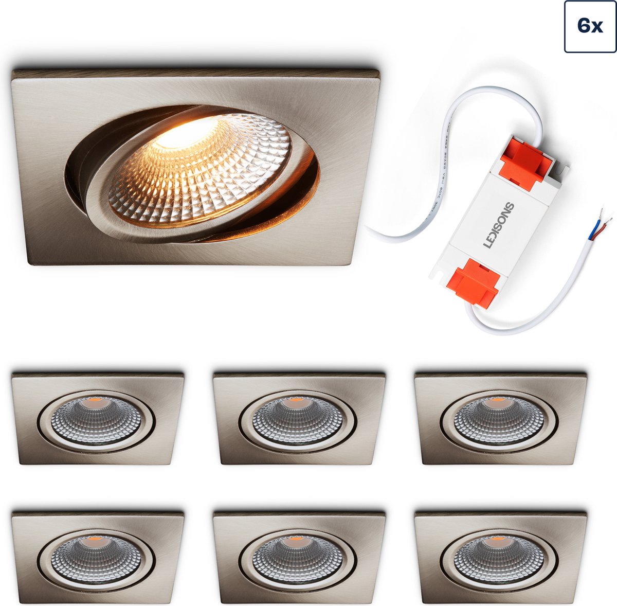 Ledisons LED inbouwspot Trento set 6 stuks RVS dimbaar Ø85 mm 5 jaar garantie 2700K (extra warm-wit) 450 lumen 5 Watt IP54