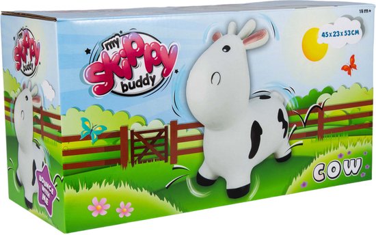 Doos met springende koe, 45x23x53 cm. met de tekst 'COW'.