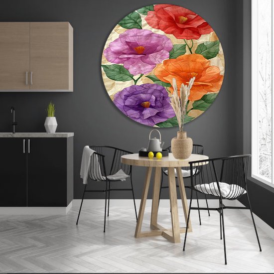 Panneau mural Fleurs - Décoration murale nature ronde - Décoration murale ronde feuilles - Décoration murale campagne - Écailles murales - Art mural cercle forex 60x60 cm