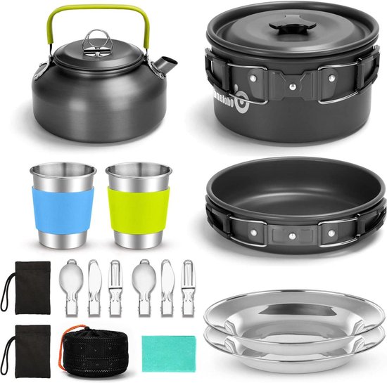 15-delig Kookgerei Campingset - Pannen Theepotten Lichtgewicht Antiaanbaklaag met Roestvrijstalen Kopjes - Odoland Kookgerei Set voor Kamperen Backpacken camping pannenset