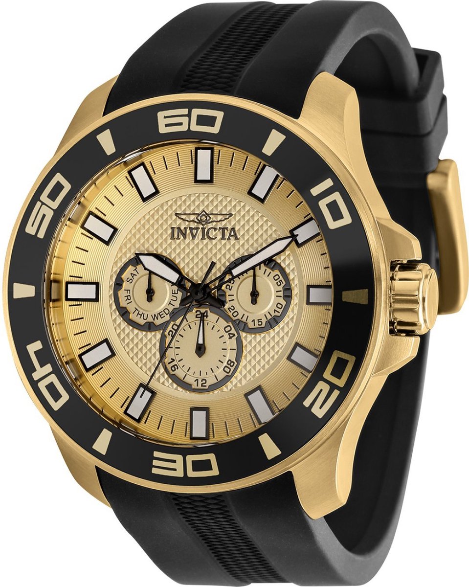 Invicta Pro Diver 35742 Heren Horloge - Waterdicht - Analoog - Quartz Uurwerk - Roestvrij Staal met gouden Wijzerplaat -50mm