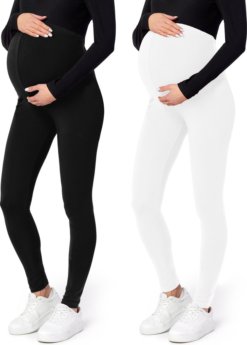Be Mammy BE-Leggings-02-2P Dames Zwangerschapsleggings - 2-Pack - Lang - Viscose - Elasthan - Zwart/Wit - XL