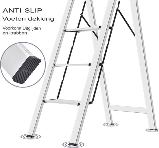 KINGRACK Trapladder, 4 treden, inklapbaar, met leuning, antislip huishoudladder met vouwveiligheid, aluminium opstapkruk, belastbaar tot 150 kg, zwart